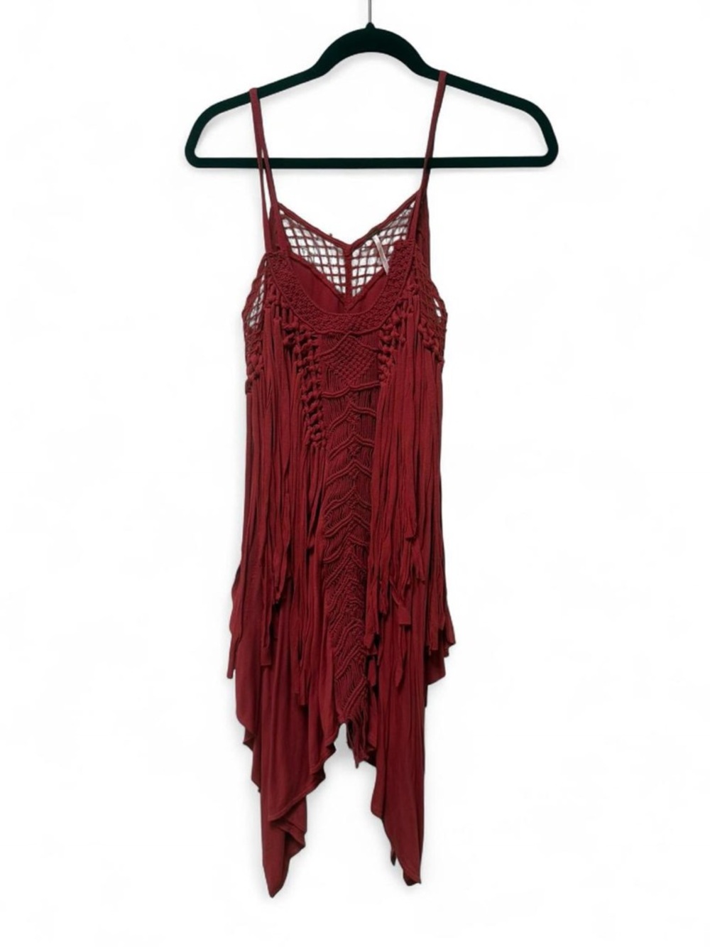 Free People Festival Boho Crochet Peasant Fringe Strappy Mini Dress - Wine Red S